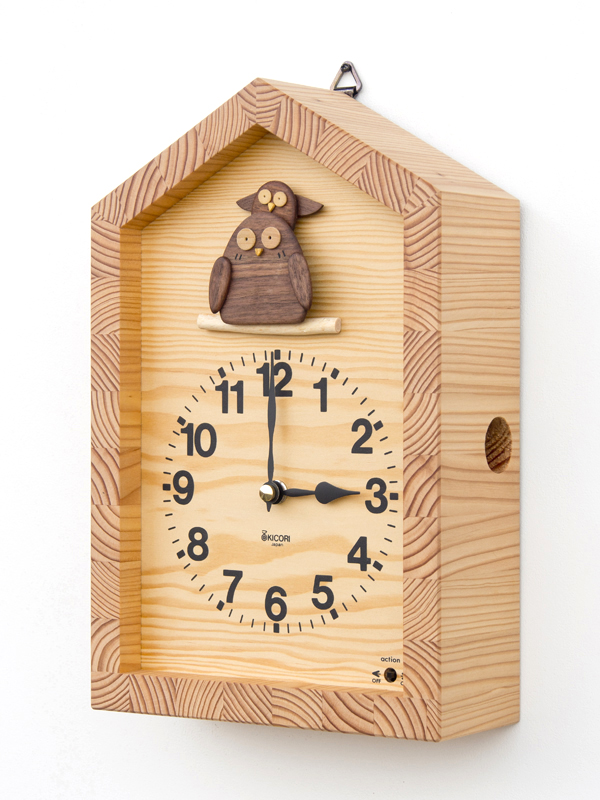 木製の掛け時計・置き時計・からくり時計など贈り物に人気の手作り時計
｜キコリ時計工房（Kicori）【本店】｜フクロウの親子の時計