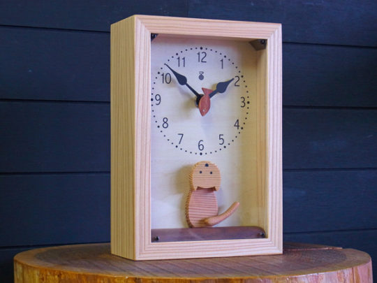 木製の掛け時計・置き時計・からくり時計など贈り物に人気の手作り時計
｜キコリ時計工房（Kicori）【本店】｜仔猫の時計（アクリルカバー付）